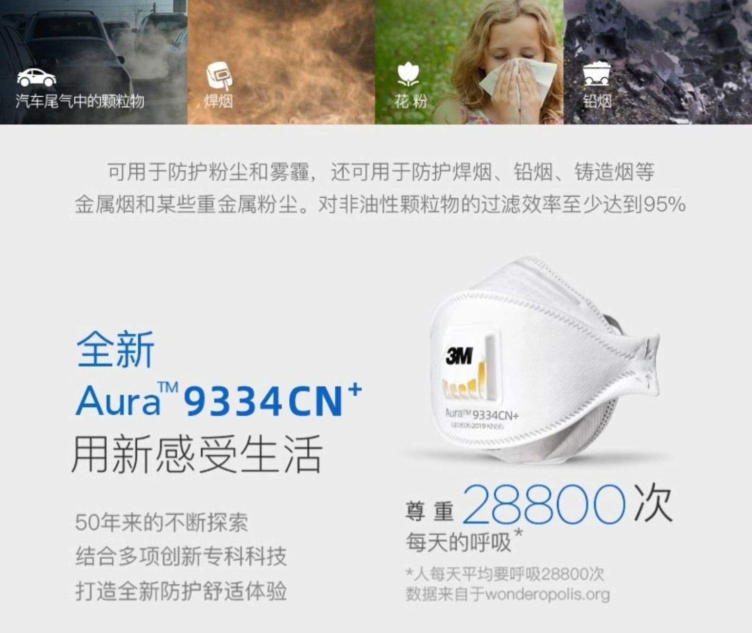 3M 9334CN+ 防颗粒物口罩 （呼气阀、头带式、欧洲FFP3认证和中国KN95认证）